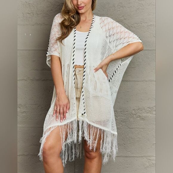 POL Fringe Sheer Open Long Cardigan Kimono sz L - Picture 1 of 6